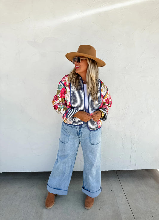 Quilted Floral and Stripe Jacket