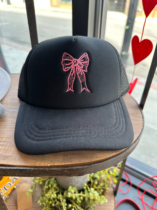 Black Hat with Pink Embroidered Bow