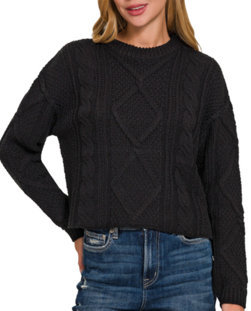 Cropped High Low Cable Sweater